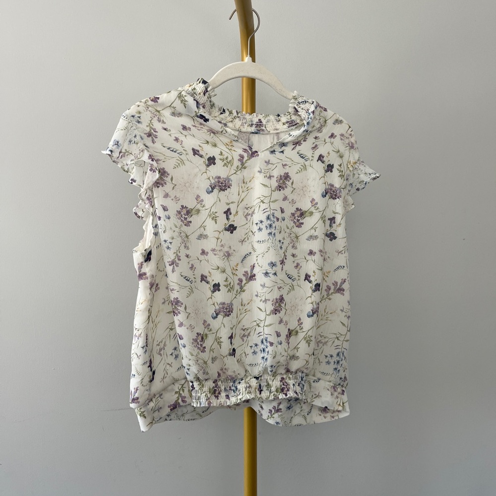 Express Floral Chiffon Ruffle Flutter Short Sleeve Blouse White Purple Green L
